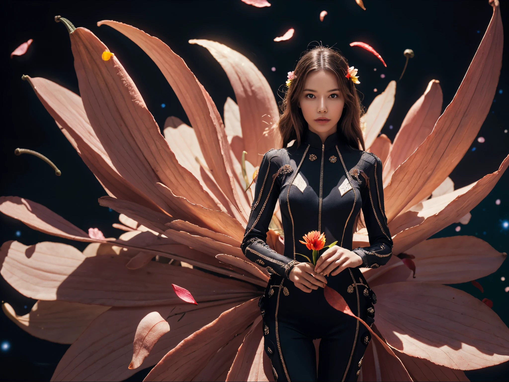 1girl, holding flower, ancient artifacts, (complex petal structure:1.4), flower suit, space background, black and red entanglement, crystal and silver entanglement, (naked:0.8), cinematic contrast lighting,