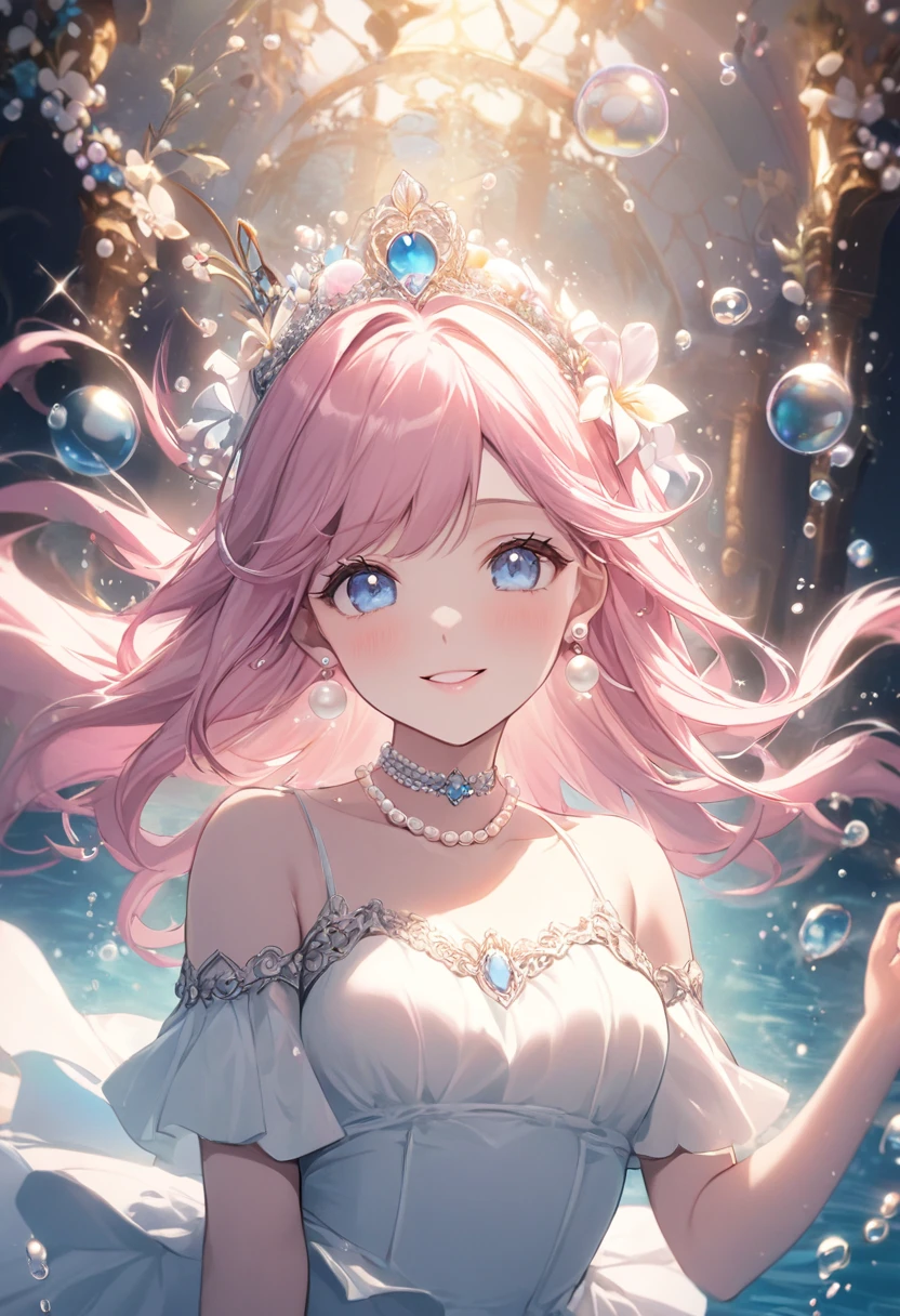 (Highest quality, masterpiece, Very detailedな, Very detailed, Exquisite, 16K,Full HD),Lilia, A girl with long pink hair, Blue eyes, a white dress with black lace, a big pink ribbon on her chest, a white flower hair ornament around her right ear.A little closer,Golden Ratio,Dramatic lighting,pastel colour,Soft lighting,Laughter,bubble,Underwater,Ocean, pastel colourの珊瑚礁,((alone:1.5)),((swim,seems to be happy,smile,sing:1.5)),(The Little Mermaid:1.4),( Long eyelashes,White skin,slim,pale pink plump lips,Pale pink cheeks, The wind is blowing,Silver and pearl decoration,Pearl tiara,Pearl Earrings,Pearl Earrings,Pearl Choker, (Fantasy, Romantic atmosphere),