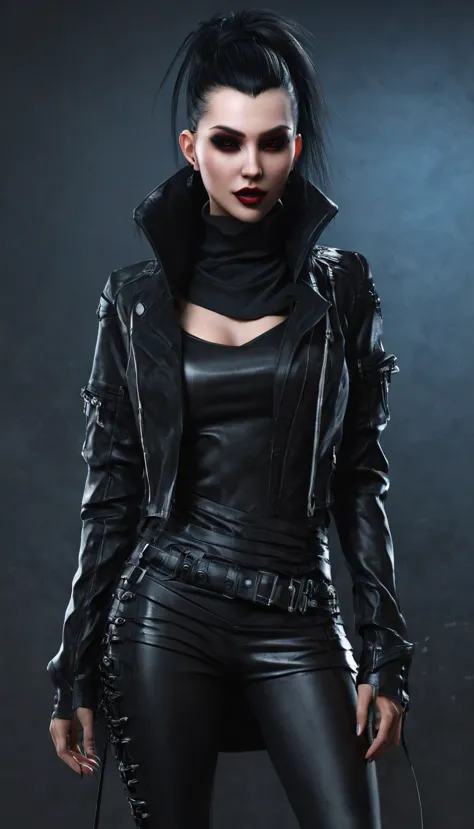 create a full body mans character and clothing items from vampire clans in modern times and create modern and cyberpunk fashion....