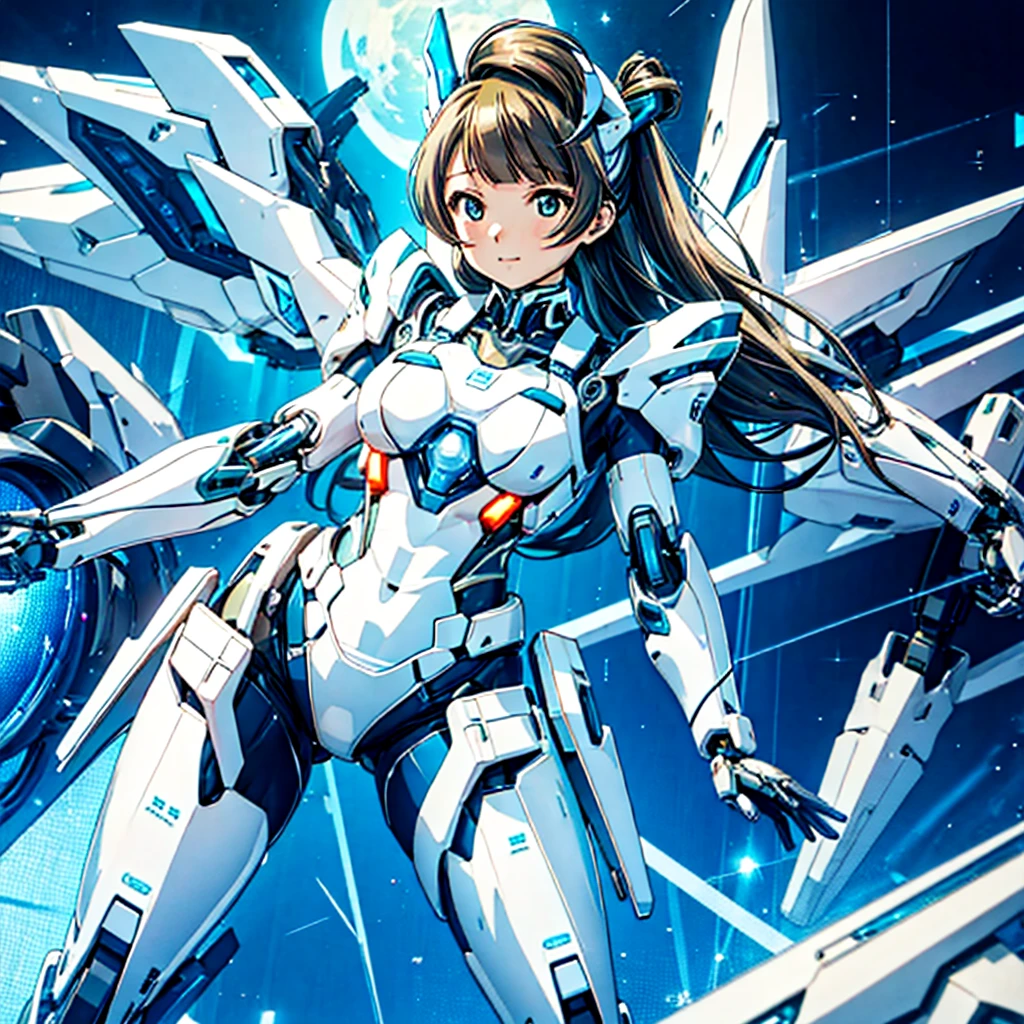 masterpiece, high quality, During the surgery to convert the machine、Minami Kotori, who has been turned into a mechanical body cyborg、Surgery to convert to a gynoid cyborg body with exposed mechanical parts、Blue and white leotard-type mechanical armor、The whole body from the neck down is precision-machined.、Single image、Full-body shot from the front