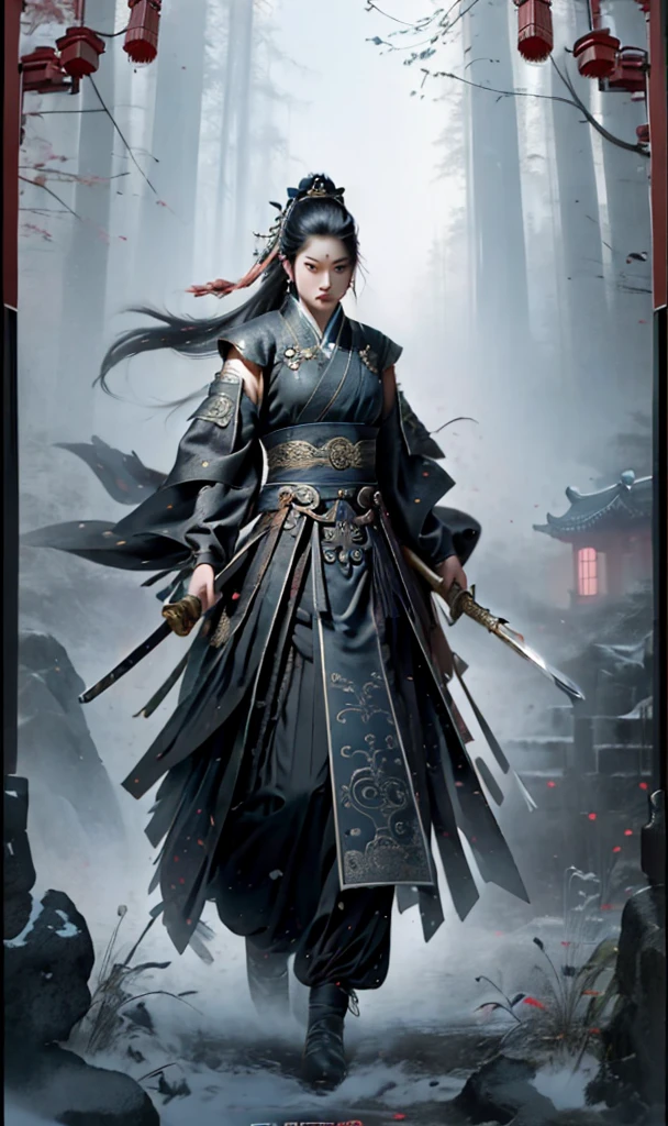 (dramatic, gritty, intense:1.4),masterpiece, best quality, 8k, insane details, intricate details, hyperdetailed, hyper quality, high detail, ultra detailed, Masterpiece,
1girl,solo, hanfu,dress,red ribbon,jewelry,wind,long sleeves,long hair, hair ornament,tassel, (full body:0.8),
holding weapon, sword,
looking at viewerrealisticbamboo groveChinese architecture
A shot with tension(Visual impact,giving the poster a dynamic and visually striking appearance:1.2),Chinese Zen style,impactful picture,
