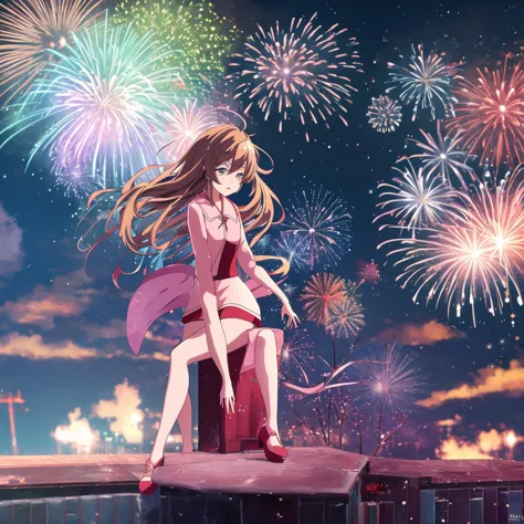 anime girl sitting on a wall，fireworks in the background, anime style 4k, cute anime waifu in beautiful clothes, core of the nig...