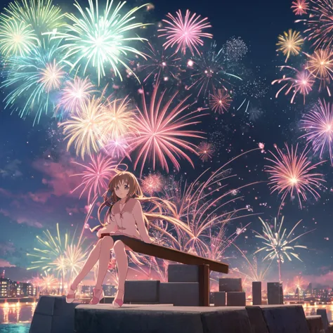 anime girl sitting on a wall，fireworks in the background, anime style 4k, cute anime waifu in beautiful clothes, core of the nig...