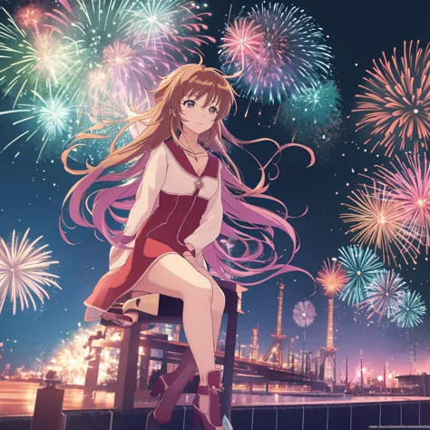 anime girl sitting on a wall，fireworks in the background, anime style 4k, cute anime waifu in beautiful clothes, core of the nig...