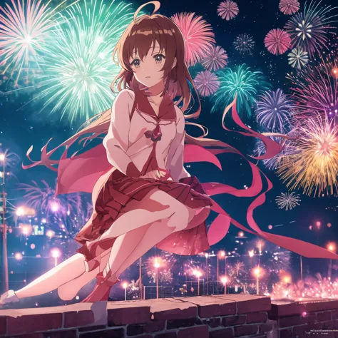 anime girl sitting on a wall，fireworks in the background, anime style 4k, cute anime waifu in beautiful clothes, core of the nig...