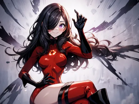 (whole body),masterpiece, highest quality, one girl, purple, long hair, black hair,  hair on one eye,  (red hero suit)，red bodys...