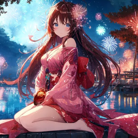 anime girl sitting on a wall，fireworks in the background, anime style 4k, cute anime waifu in beautiful clothes, core of the nig...