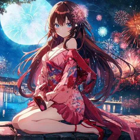 anime girl sitting on a wall，fireworks in the background, anime style 4k, cute anime waifu in beautiful clothes, core of the nig...