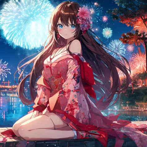 anime girl sitting on a wall，fireworks in the background, anime style 4k, cute anime waifu in beautiful clothes, core of the nig...