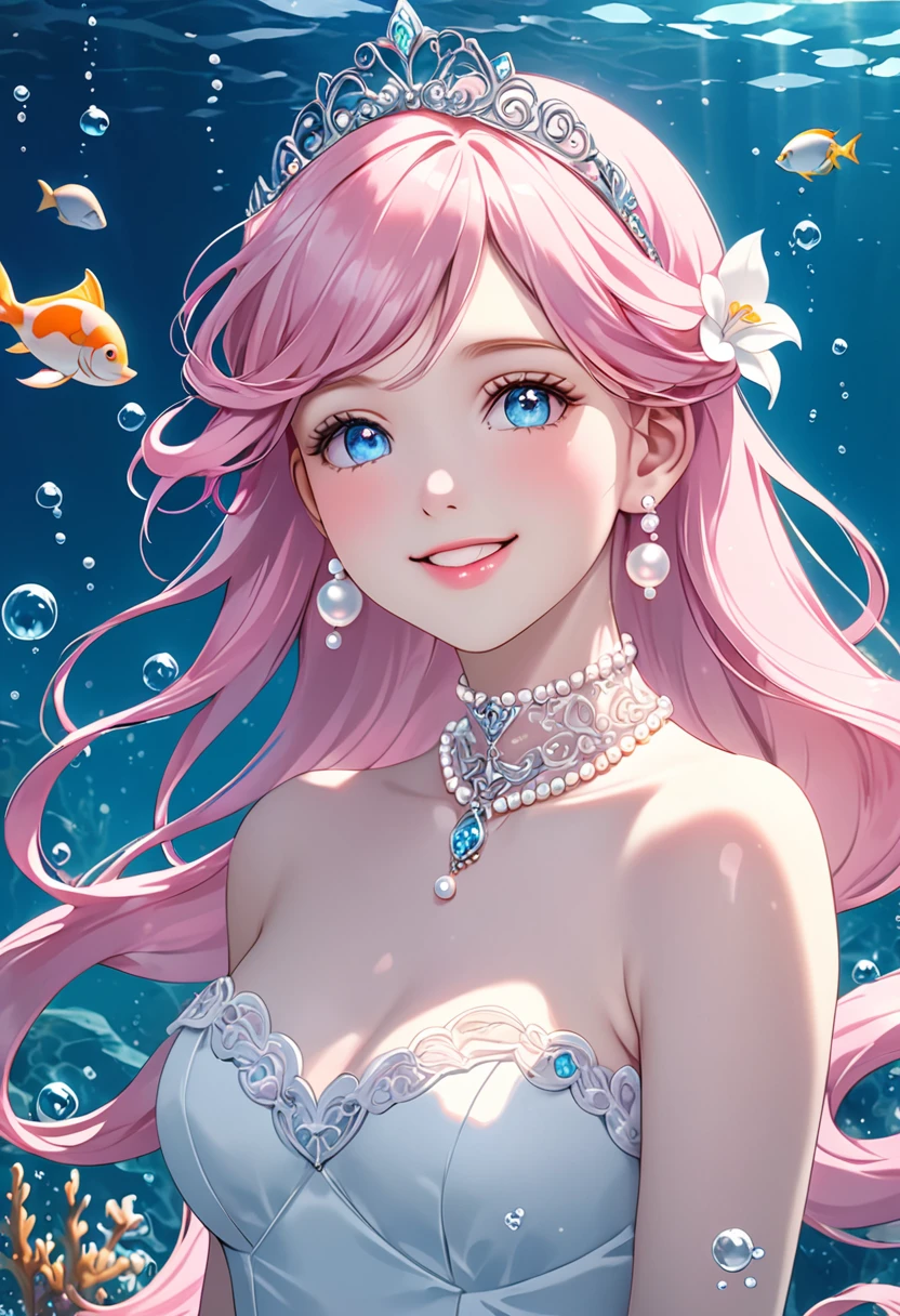 (Highest quality, masterpiece, Very detailedな, Very detailed, Exquisite, 16K,Full HD),Lilia, A girl with long pink hair, Blue eyes, a white dress with black lace, a big pink ribbon on her chest, a white flower hair ornament around her right ear.A little closer,Golden Ratio,Dramatic lighting,pastel colour,Soft lighting,Laughter,bubble,Underwater,Ocean, pastel colourの珊瑚礁,((alone:1.5)),((swim,seems to be happy,smile,sing:1.5)),(The Little Mermaid:1.4),( Long eyelashes,White skin,slim,pale pink plump lips,Pale pink cheeks, The wind is blowing,Silver and pearl decoration,Pearl tiara,Pearl Earrings,Pearl Earrings,Pearl Choker, (Fantasy, Romantic atmosphere),