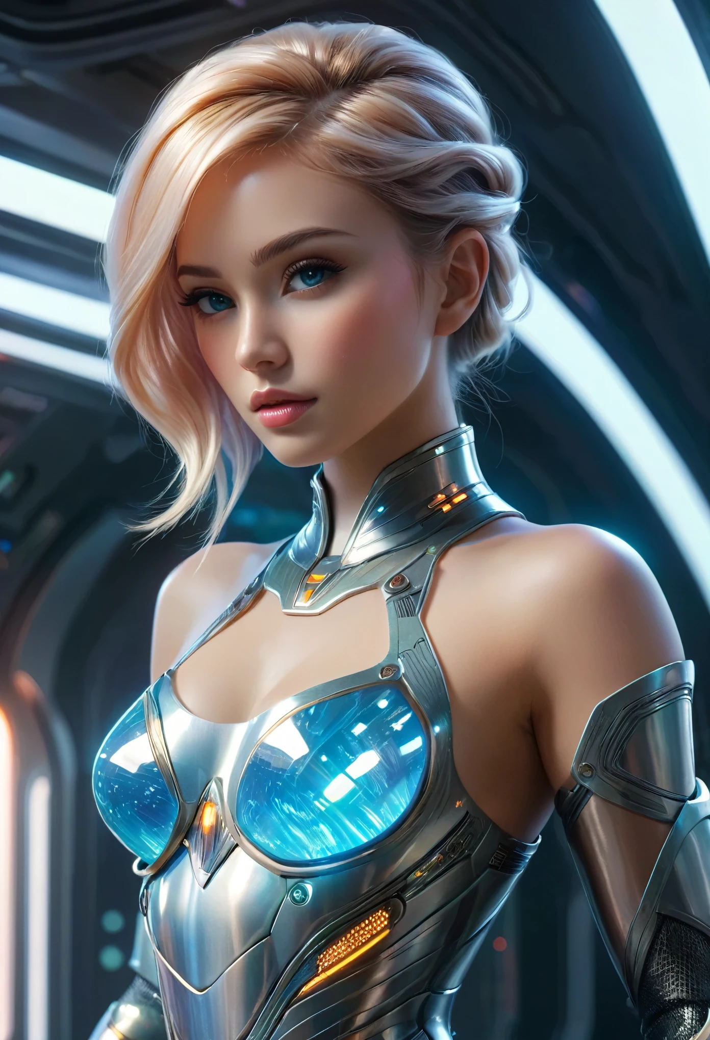 (best quality,4k,highres,masterpiece:1.2),ultra-detailed,(realistic,photorealistic:1.37), 1 extraordinarily beautiful android princess, (sci-fi futuristic transparent armor:1.7), extraordinarily sexy, expressive, seductive face, ral-opal, (whole body:1.2), (full body, standing on a spaceship:1.4), cameltoe, beautiful detailed eyes, beautiful detailed lips, extremely detailed face and eyes, long eyelashes, hkstyle, hair updo, HDR, UHD, studio lighting, ultra-fine painting, sharp focus, physically-based rendering, extreme detail description, professional, vivid colors, bokeh, sci-fi, concept art, hair band, (transparent:1.4) beautiful long legs, beautiful thighs, seductive posing, erotic posing, ((Put both of her hands behind her head:1.4))