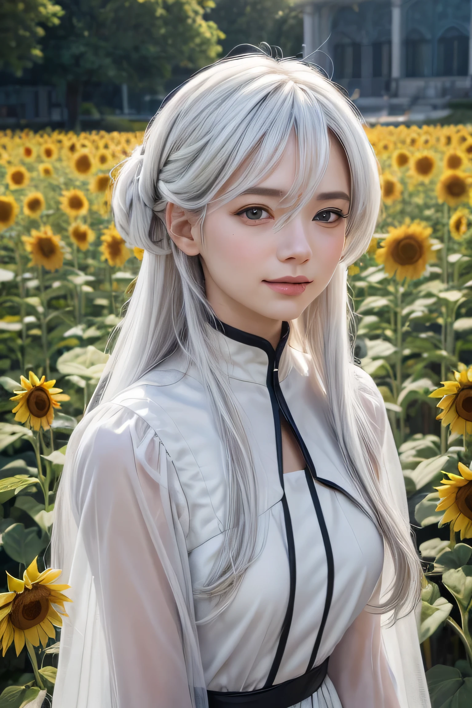 masterpiece, best quality, (realistic,photo-realistic:1.4), (RAW photo:1.2), extremely detailed CG unity 8k wallpaper, delicate and beautiful, amazing,finely detail, official art, absurdres, incredibly absurdres, huge filesize, ultra-detailed,extremely detailed eyes and face,light on face,miorine rembran,(little smile),(white hair:1.4),(long hair:1.4),(wearing white dress:1.4),winter background,sunflower yard