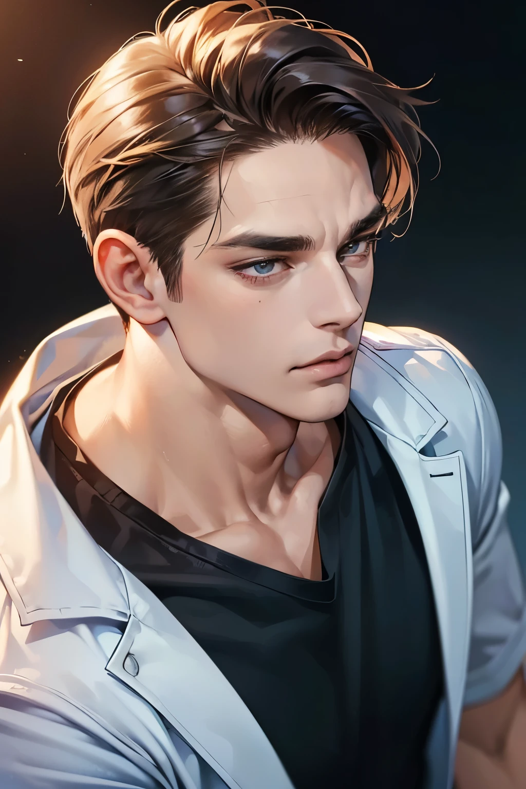 (Best quality,4K,8K,a high resolution,masterpiece:1.2),ultra detailed,(realistic,photorealistic,photo-realistic:1.37),39 year old man,Beautiful anime,portraits,strong,masculine,dark hair,Sharp jawline,Mesmerizing eyes,Perfectly styled hair,confident expression,bright colors,dynamic lighting,Brown eyes,(Black T-shirt),(dark skin),((mature man, man 40 years old)), (square jaw)