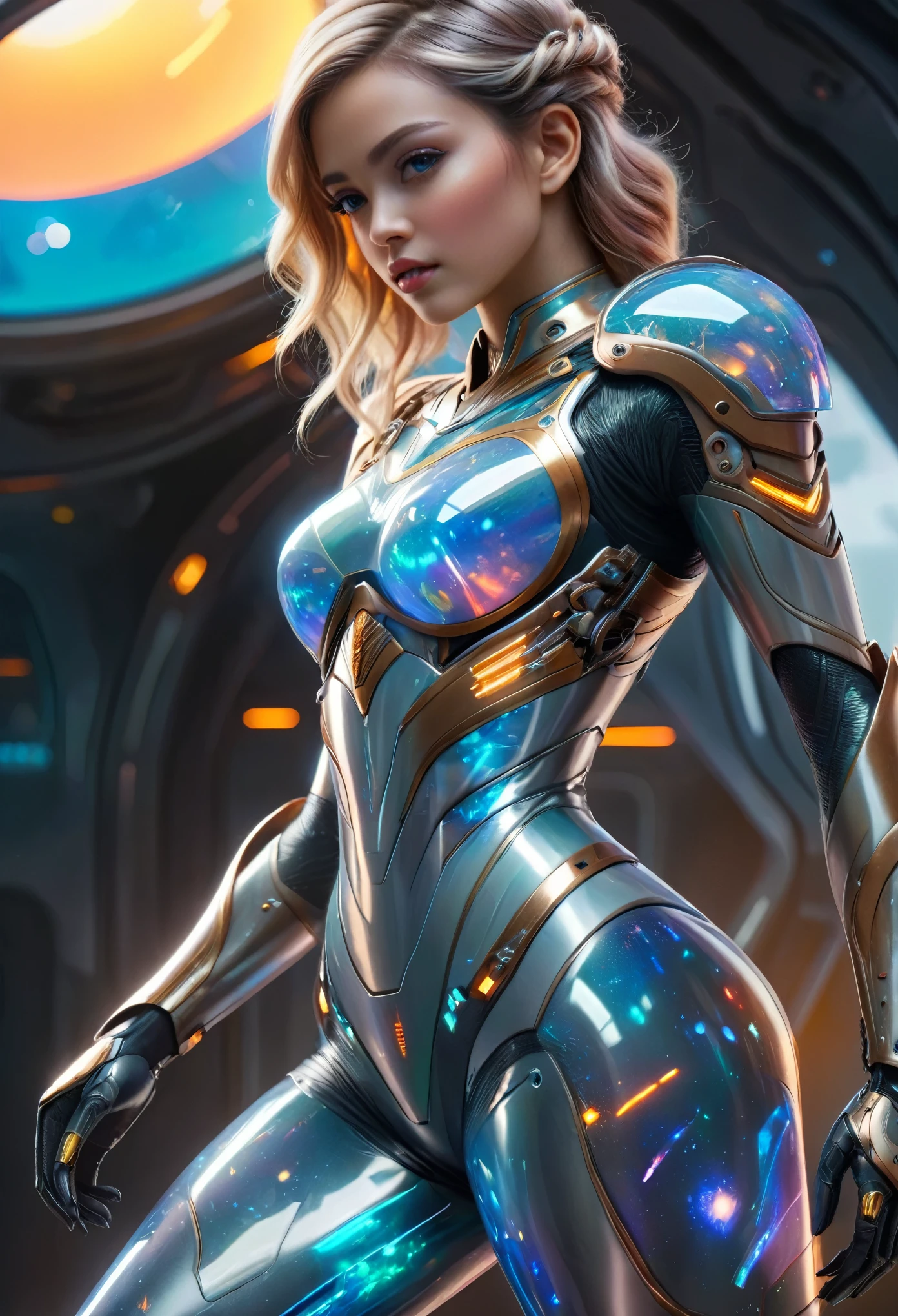 (best quality,4k,highres,masterpiece:1.2),ultra-detailed,(realistic,photorealistic:1.37), 1 extraordinarily beautiful android princess, (sci-fi futuristic transparent armor:1.7), extraordinarily sexy, expressive, seductive face, ral-opal, (full body, standing on a spaceship:1.4), cameltoe, beautiful detailed eyes, beautiful detailed lips, extremely detailed face and eyes, long eyelashes, hkstyle, hair updo, HDR, UHD, studio lighting, ultra-fine painting, sharp focus, physically-based rendering, extreme detail description, professional, vivid colors, bokeh, sci-fi, concept art, hair band, (transparent:1.4) beautiful long legs, beautiful thighs, seductive posing, erotic posing, ((Put both of her hands behind her head:1.4))