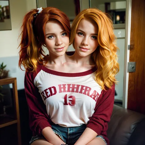 2heads, two headed girl, (13 years old:1.5), (red hair:1.5), (blonde hair:1.5)