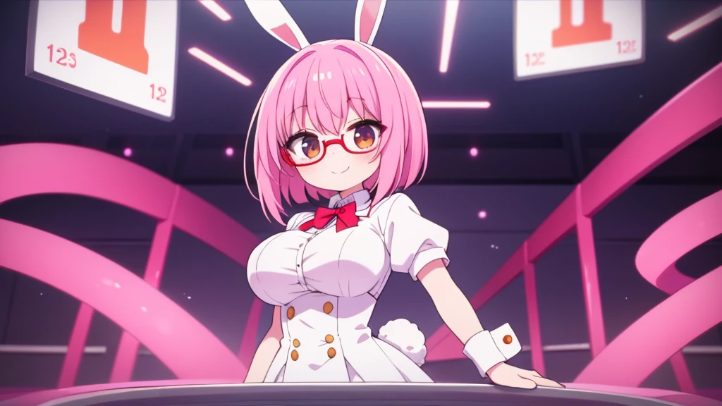 solo,whole body,Standing position right,Light pink hair,Bob Hair,Red Glasses,Bunny girl,Bingo Games,smile,Big Breasts,cute,