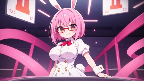 solo,whole body,standing position right,light pink hair,bob hair,red glasses,bunny girl,bingo games,smile,big breasts,cute,