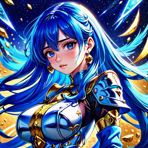 a woman with blue hair and earrings, detailed digital anime art, portrait knights of zodiac girl, digital anime illustration, de...