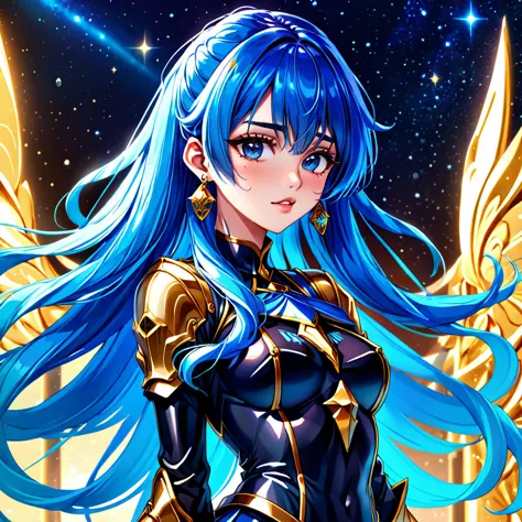 a woman with blue hair and earrings, detailed digital anime art, portrait knights of zodiac girl, digital anime illustration, de...