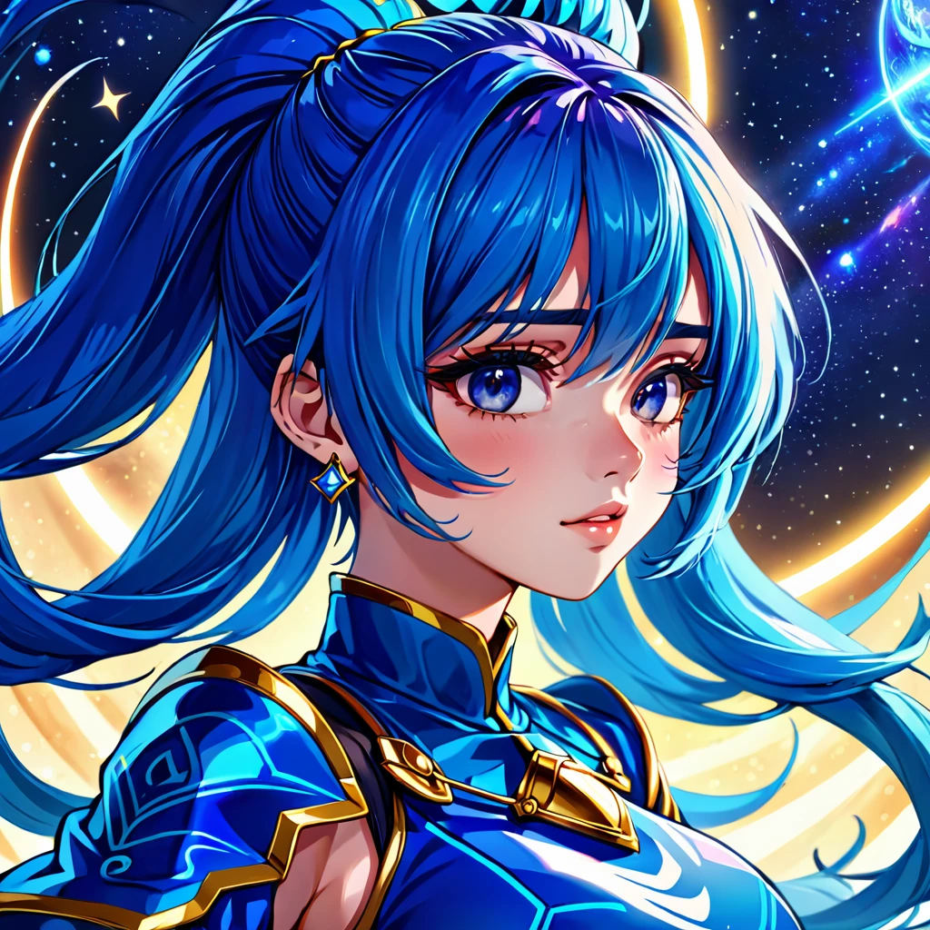 a woman with blue hair and earrings, detailed digital anime art, portrait knights of zodiac girl, digital anime illustration, detailed anime character art, anime style illustration, stunning art style, trending on artstration, detailed fanart, highly detailed exquisite fanart, anime illustration, beautiful anime art style, anime style 4 k, striking detailed artstyle