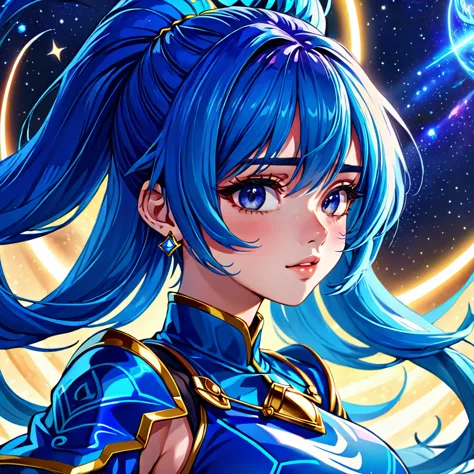 a woman with blue hair and earrings, detailed digital anime art, portrait knights of zodiac girl, digital anime illustration, de...