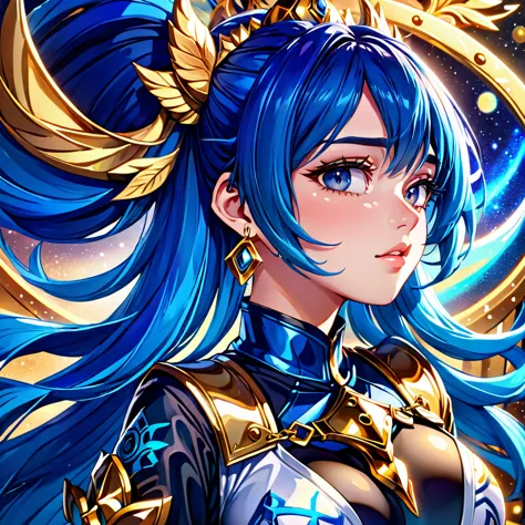 a woman with blue hair and earrings, detailed digital anime art, portrait knights of zodiac girl, digital anime illustration, de...