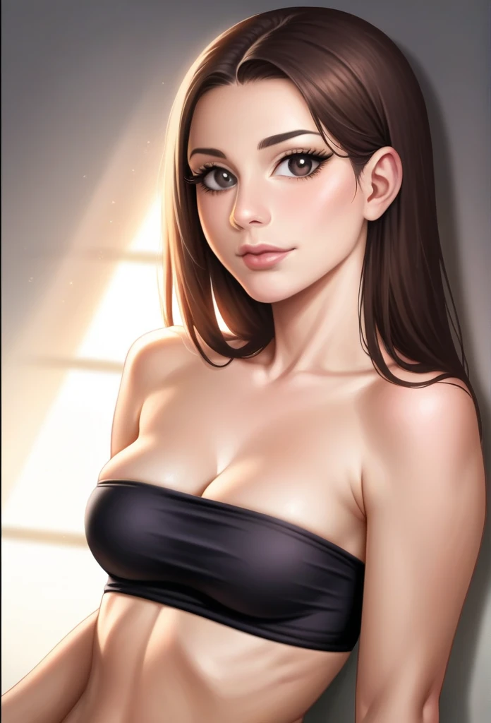 (best quality,4k,8k,highres,masterpiece:1.2),ultra-detailed,(realistic,photorealistic,photo-realistic:1.37),1girl,young fit female,brunette hair,strapless bandeau bra,thong panties,sensual pose,solid color background,detailed facial features,beautiful eyes,long eyelashes,beautifully defined abs,slim fit athletic body,dynamic lighting,cinematic composition