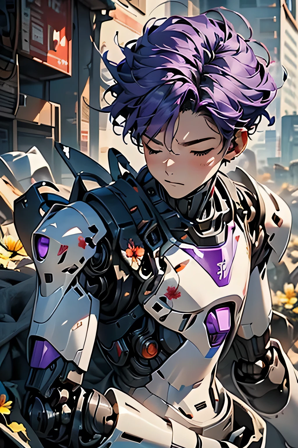 ((Artwork, high quality)), (a robotic hand emerging from a pile of trash and scrap), (delicately holding a flower), (attached to the arm of a teenage boy), (the rest of his body buried beneath the junk), (purple hair), (eyes closed, giving the impression of lifelessness), (environment completely filled with junk).

