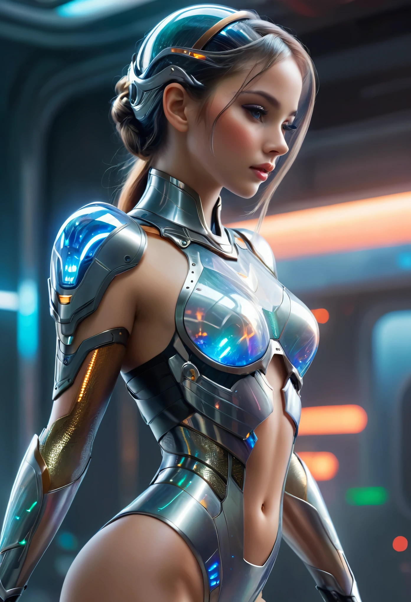 (best quality,4k,highres,masterpiece:1.2),ultra-detailed,(realistic,photorealistic:1.37), 1 extraordinarily beautiful android princess, (sci-fi futuristic transparent armor:1.7), extraordinarily sexy, expressive, seductive face, ral-opal, (full body, standing on a spaceship:1.4), cameltoe, beautiful detailed eyes, beautiful detailed lips, extremely detailed face and eyes, long eyelashes, hkstyle, hair updo, HDR, UHD, studio lighting, ultra-fine painting, sharp focus, physically-based rendering, extreme detail description, professional, vivid colors, bokeh, sci-fi, concept art, hair band, (transparent:1.4) beautiful long legs, beautiful thighs, seductive posing, erotic posing, ((Put both of her hands behind her head))