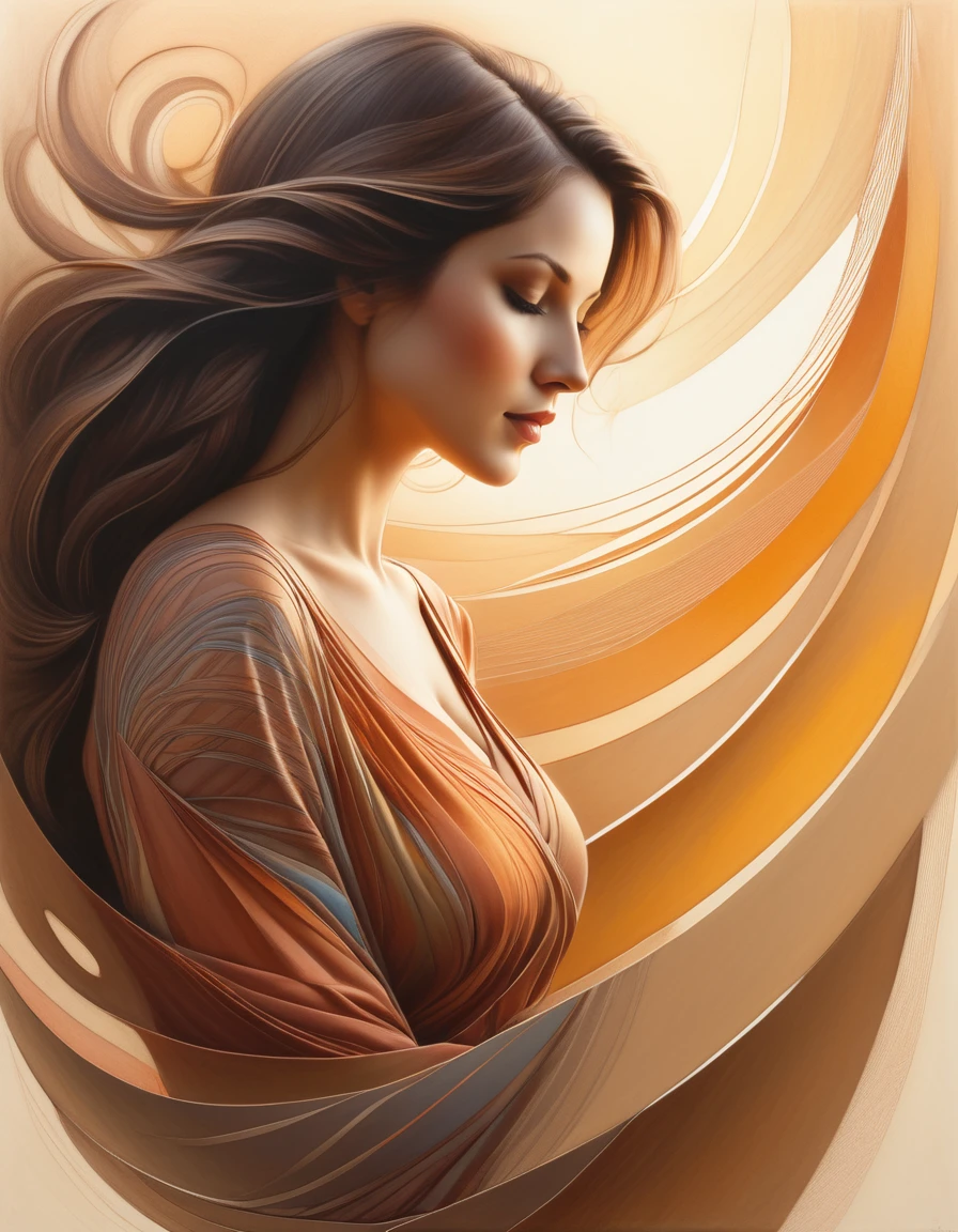 Sketch of a gentle curve woman, pencil-jut Hannah Hase, stroking softly to produce impeccably defined lines, abstraction style, dynamic angle, mellow hues, overlap patterns, intricate detailing, dimensional depth, chiaroscuro style, high resolution, cross-changer, natural backdrop, sunrise palette, extensive shading.