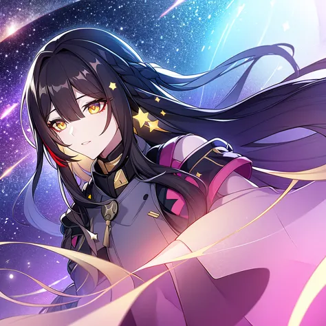 Woman with golden eyes, black long hair, stars pattern, galaxy vibe, star chaser