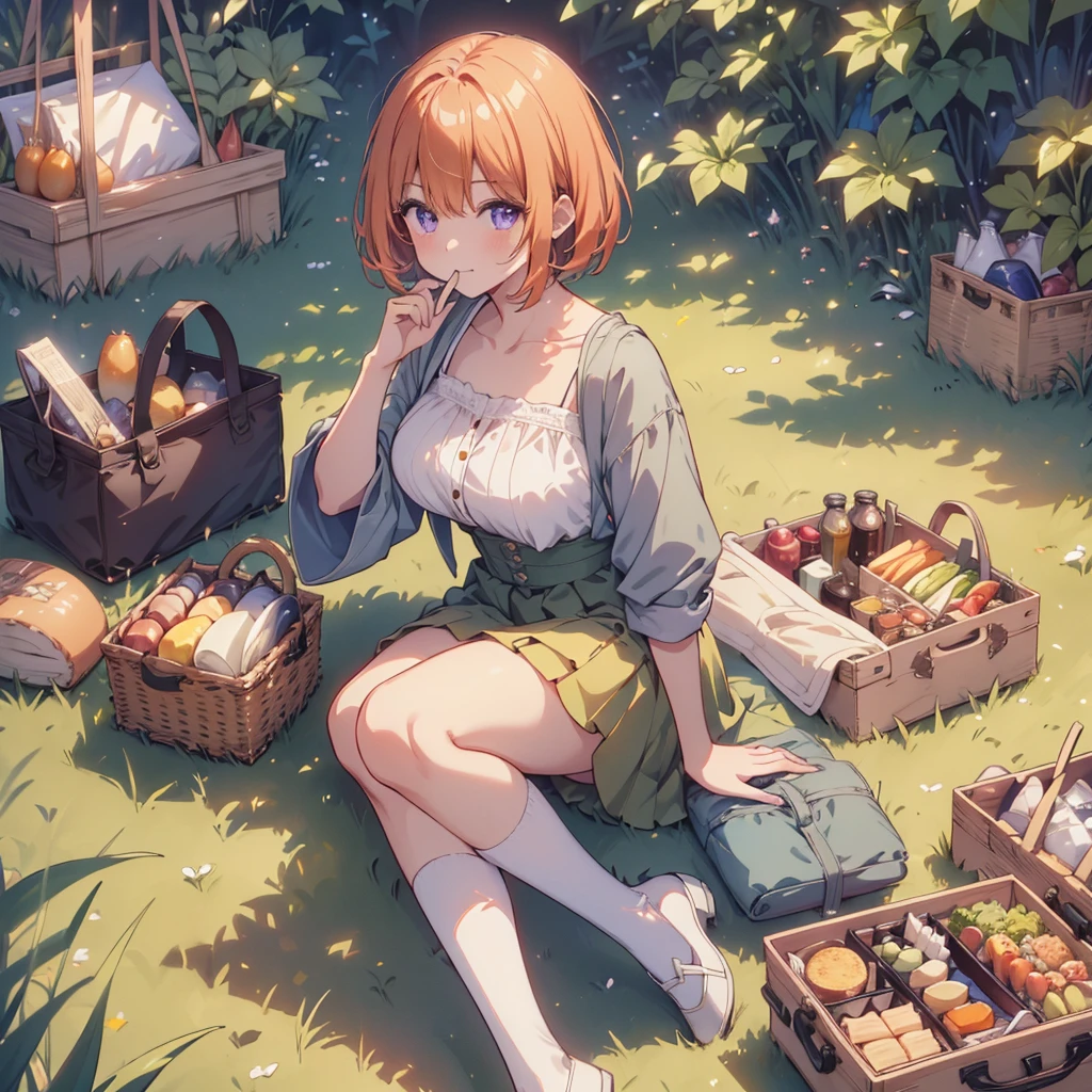 (Recall,food:1.3),(picnic:1.3),basket, Park with a view, Highest quality, grassland park, blue sky, hiking, Best image quality,Perfect Anatomy,masterpiece,Ultra-detailed,beautiful,super high quality, Highest quality,High resolution, Very detailed,Game CG,Dutch Angle ,beautiful細部までこだわった目,Visual Arts,Five Fingers, Perfect hands,Hide your hands, {{{One Girl}}}, beautiful詳細な女の子, Game CG, Spring flower, One curl on the outside, Short Bob Hair, Pastel orange hair, Purple eyes,Stylish accessories solo, breast enhancement, Medium Shoot, woman, Take-out, Laughter, huge ,,Pastel green checkered mini skirt,Black knee-highs, {{{{{Wearing a pastel green camisole}}}}},Open your mouth, wonderful, beautiful細部までこだわった目, Highest quality, Very delicate,Masseter muscle area,Highest quality,(Official Art、Highest quality、Unity 8k wallpaper、32K、masterpiece、Ultra-detailed、超High resolution、Realistic、Photorealistic:1.2)、(Cinema Lighting:1.2)、Fire Glow Effect、The most grainy shadows on the film、Side light、Side Shot、(Ultra-detailedで複雑な3Dレンダリング)、Atelier Series, Multiple Girls．