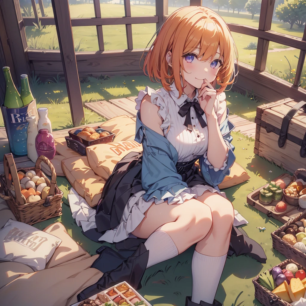 (Recall,food:1.3),(picnic:1.3),basket, Park with a view, Highest quality, grassland park, blue sky, hiking, Best image quality,Perfect Anatomy,masterpiece,Ultra-detailed,beautiful,super high quality, Highest quality,High resolution, Very detailed,Game CG,Dutch Angle ,beautiful細部までこだわった目,Visual Arts,Five Fingers, Perfect hands,Hide your hands, {{{One Girl}}}, beautiful詳細な女の子, Game CG, Spring flower, One curl on the outside, Short Bob Hair, Pastel orange hair, Purple eyes,Stylish accessories solo, breast enhancement, Medium Shoot, woman, Take-out, Laughter, huge ,,Pastel green checkered mini skirt,Black knee-highs, {{{{{Wearing a pastel green camisole}}}}},Open your mouth, wonderful, beautiful細部までこだわった目, Highest quality, Very delicate,Masseter muscle area,Highest quality,(Official Art、Highest quality、Unity 8k wallpaper、32K、masterpiece、Ultra-detailed、超High resolution、Realistic、Photorealistic:1.2)、(Cinema Lighting:1.2)、Fire Glow Effect、The most grainy shadows on the film、Side light、Side Shot、(Ultra-detailedで複雑な3Dレンダリング)、Atelier Series, Multiple Girls．