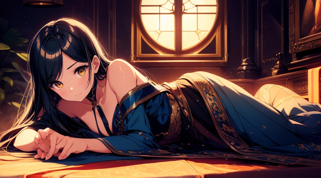 One mature girl with long blue and yellow eyes sitting on the bed with her legs spread , night, An adult face with attention to detail, Tie your hair on the left side, Golden Eyes, Just Play, Bare shoulders, White noble priest dress, High resolution, Ultra Sharp, 8k, masterpiece, smile, Fantasy World, magic sparkle background ((Highest quality)), ((masterpiece)), 3d, High resolution (High Dynamic Range),Ray Tracing, NVIDIA, Super Resolution, Unreal 5,Scattered beneath the surface, PBR Texturing, Post-processing, Anisotropic Filtering, Depth of written boundary, Maximum clarity and sharpness, Multilayer Texture, Albedo and specular maps, Surface Shading, Accurate simulation of light-matter interactions, Perfect Proportions, Octane Rendering, Two-tone lighting, wide aperture, Low ISO, White balance, Three-part method,8k born, Aura, masterpiece, Highest quality, Mysterious look, Magical effects like glow and energy, Flowing robes and seductive outfits, Mechanical born kimono and mystical background, Rim Light, Side lighting, Cinematic Light, ultra High resolution, 8K  UHD, Film Grain, Best Shadow, delicate, born, Particles of light, Detailed skin texture, Detailed cloth texture, Beautiful Face, 
(masterpiece), Highest quality, Expressive eyes, Perfect Face,