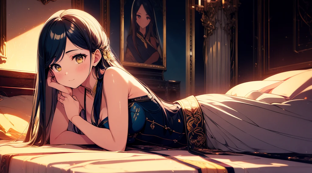 One mature girl with long blue and yellow eyes sitting on the bed with her legs spread , night, An adult face with attention to detail, Tie your hair on the left side, Golden Eyes, Just Play, Bare shoulders, White noble priest dress, High resolution, Ultra Sharp, 8k, masterpiece, smile, Fantasy World, magic sparkle background ((Highest quality)), ((masterpiece)), 3d, High resolution (High Dynamic Range),Ray Tracing, NVIDIA, Super Resolution, Unreal 5,Scattered beneath the surface, PBR Texturing, Post-processing, Anisotropic Filtering, Depth of written boundary, Maximum clarity and sharpness, Multilayer Texture, Albedo and specular maps, Surface Shading, Accurate simulation of light-matter interactions, Perfect Proportions, Octane Rendering, Two-tone lighting, wide aperture, Low ISO, White balance, Three-part method,8k born, Aura, masterpiece, Highest quality, Mysterious look, Magical effects like glow and energy, Flowing robes and seductive outfits, Mechanical born kimono and mystical background, Rim Light, Side lighting, Cinematic Light, ultra High resolution, 8K  UHD, Film Grain, Best Shadow, delicate, born, Particles of light, Detailed skin texture, Detailed cloth texture, Beautiful Face, (masterpiece), Highest quality, Expressive eyes, Perfect Face,