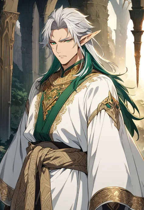 a highly detailed, anime-style illustration of a masculine 30-year-old elf with long, straight silver hair and striking emerald ...