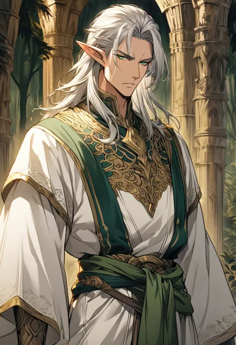 a highly detailed, anime-style illustration of a masculine 30-year-old elf with long, straight silver hair and striking emerald ...