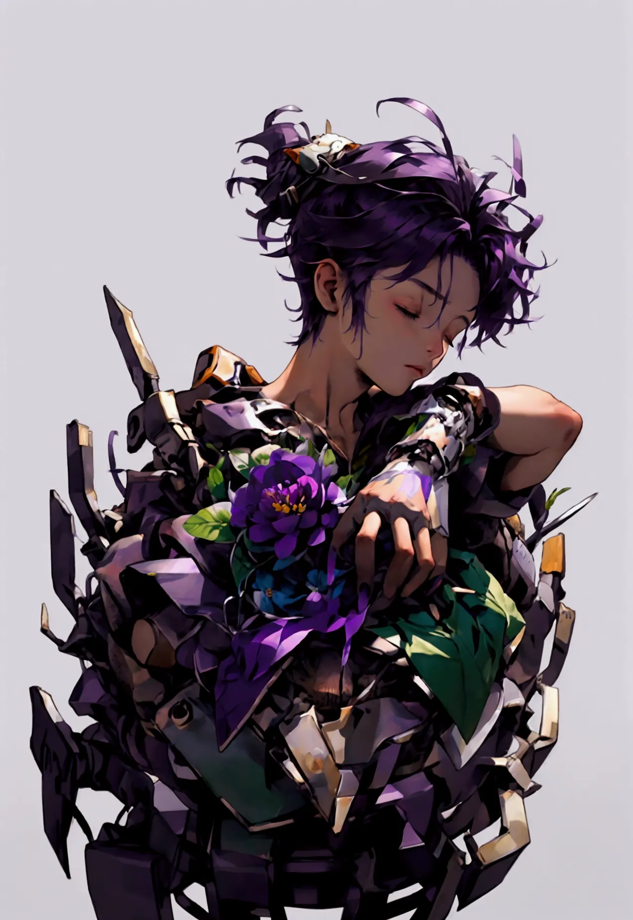 ((artwork, high quality)), (a robotic hand emerging from a pile of trash and scrap), (delicately holding a flower), (attached to...