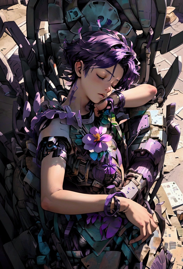 ((Artwork, high quality)), (a robotic hand emerging from a pile of trash and scrap), (delicately holding a flower), (attached to the arm of a teenage boy), (the rest of his body buried beneath the junk), (purple hair), (eyes closed, giving the impression of lifelessness), (environment completely filled with junk).






