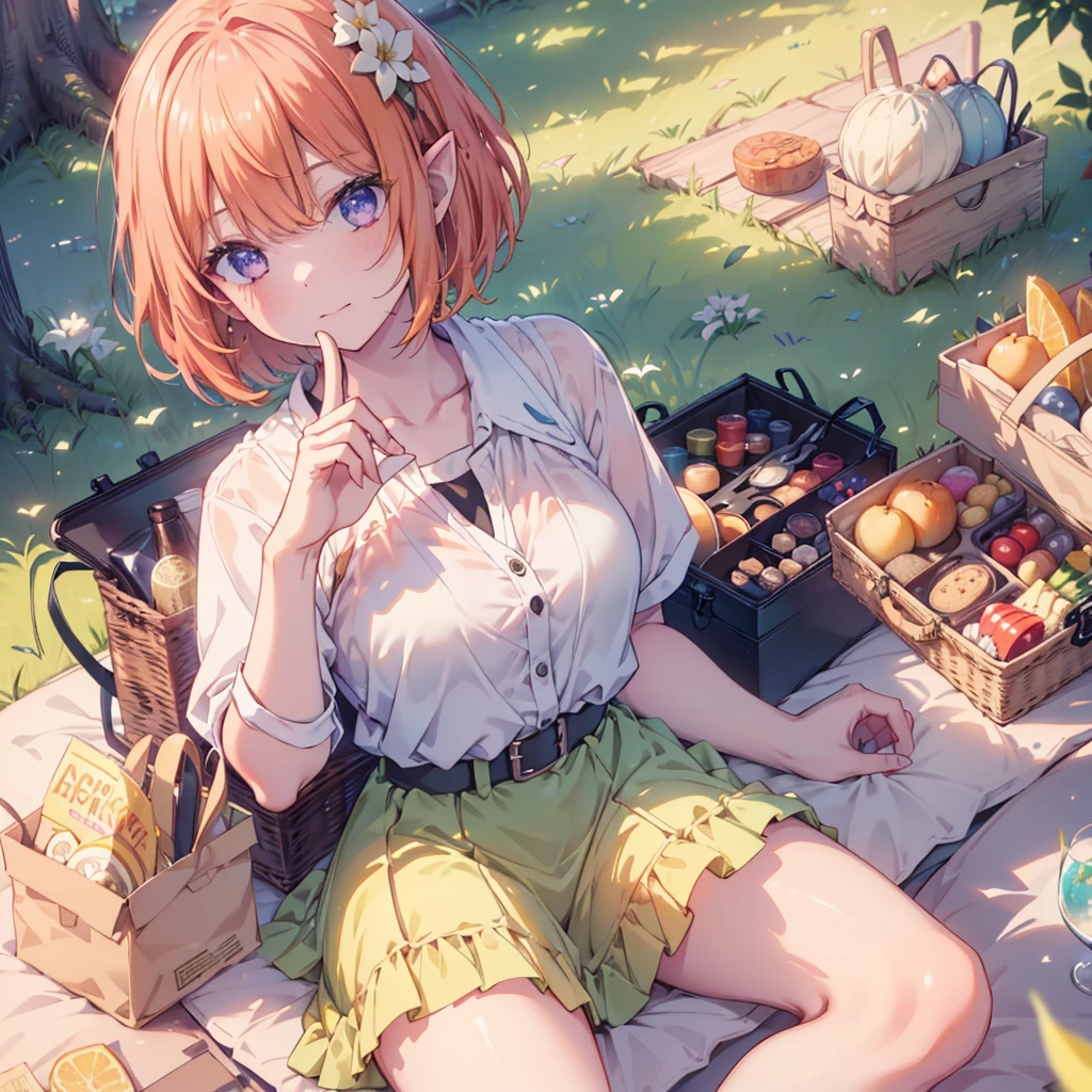 (Recall,food:1.3),(picnic:1.3),basket, Elf Ears, Park with a view, Highest quality, grassland park, blue sky, hiking, Best image quality,Perfect Anatomy,masterpiece,Ultra-detailed,beautiful,super high quality, Highest quality,High resolution, Very detailed,Game CG,Dutch Angle ,beautiful細部までこだわった目,Visual Arts,Five Fingers, Perfect hands,Hide your hands, {{{One Girl}}}, beautiful詳細な女の子, Game CG, Spring flower, One curl on the outside, Short Bob Hair, Pastel orange hair, Purple eyes,Stylish accessories solo, breast enhancement, Medium Shoot, woman, Take-out, Laughter, huge ,,Pastel green checkered mini skirt,Black knee-highs, {{{{{Wearing a pastel green camisole}}}}},Open your mouth, wonderful, beautiful細部までこだわった目, Highest quality, Very delicate,Masseter muscle area,Highest quality,(Official Art、Highest quality、Unity 8k wallpaper、32K、masterpiece、Ultra-detailed、超High resolution、Realistic、Photorealistic:1.2)、(Cinema Lighting:1.2)、Fire Glow Effect、The most grainy shadows on the film、Side light、Side Shot、(Ultra-detailedで複雑な3Dレンダリング)、Atelier Series, Multiple Girls．