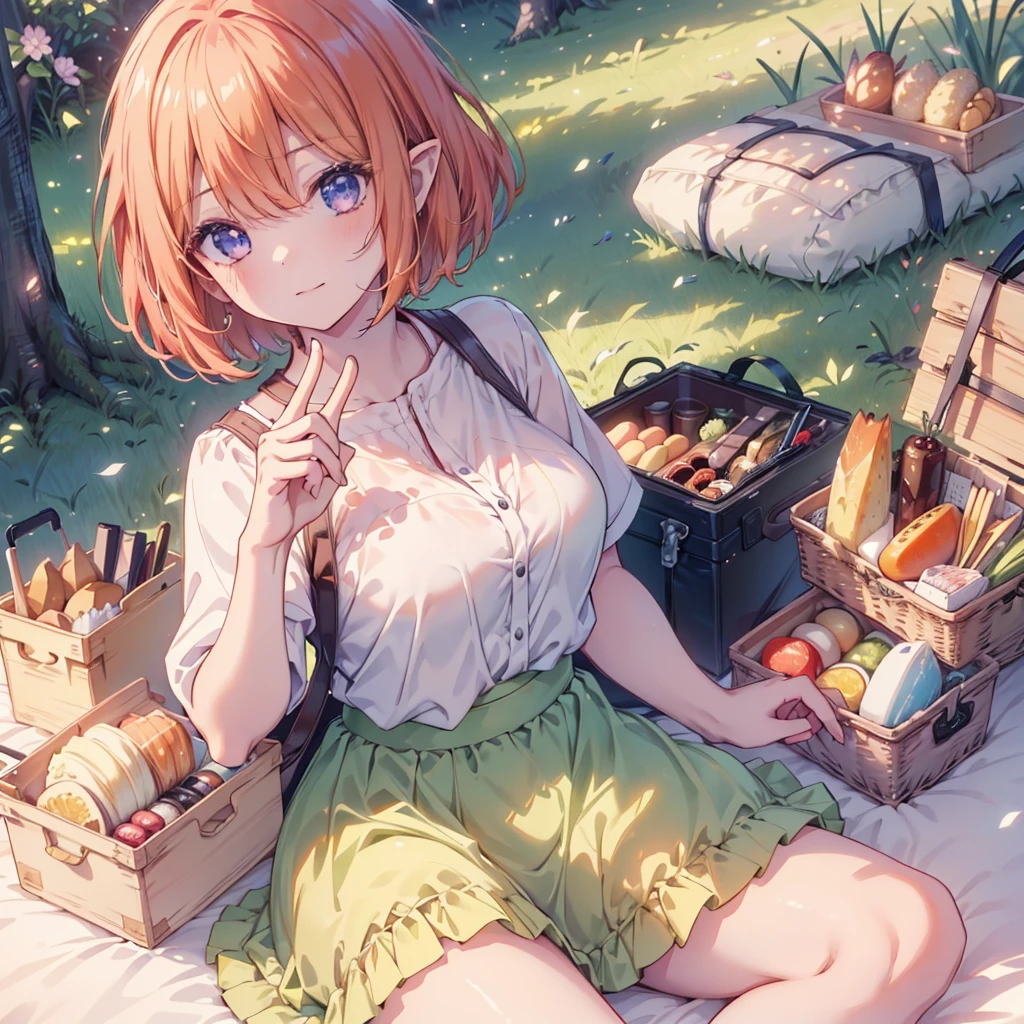 (Recall,food:1.3),(picnic:1.3),basket, Elf Ears, Park with a view, Highest quality, grassland park, blue sky, hiking, Best image quality,Perfect Anatomy,masterpiece,Ultra-detailed,beautiful,super high quality, Highest quality,High resolution, Very detailed,Game CG,Dutch Angle ,beautiful細部までこだわった目,Visual Arts,Five Fingers, Perfect hands,Hide your hands, {{{One Girl}}}, beautiful詳細な女の子, Game CG, Spring flower, One curl on the outside, Short Bob Hair, Pastel orange hair, Purple eyes,Stylish accessories solo, breast enhancement, Medium Shoot, woman, Take-out, Laughter, huge ,,Pastel green checkered mini skirt,Black knee-highs, {{{{{Wearing a pastel green camisole}}}}},Open your mouth, wonderful, beautiful細部までこだわった目, Highest quality, Very delicate,Masseter muscle area,Highest quality,(Official Art、Highest quality、Unity 8k wallpaper、32K、masterpiece、Ultra-detailed、超High resolution、Realistic、Photorealistic:1.2)、(Cinema Lighting:1.2)、Fire Glow Effect、The most grainy shadows on the film、Side light、Side Shot、(Ultra-detailedで複雑な3Dレンダリング)、Atelier Series, Multiple Girls．