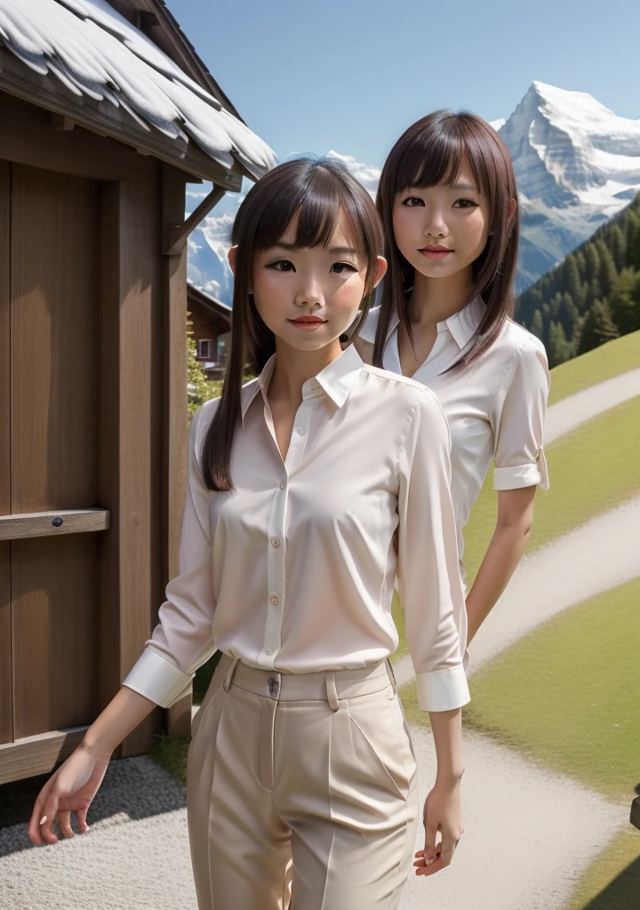 asian woman, full_body, standing, sandals, (shirt), pants, (swiss alps), (minitw: 1.3), perfect face, (contact iris: 1.1), pale skin, skin pores , depth of field