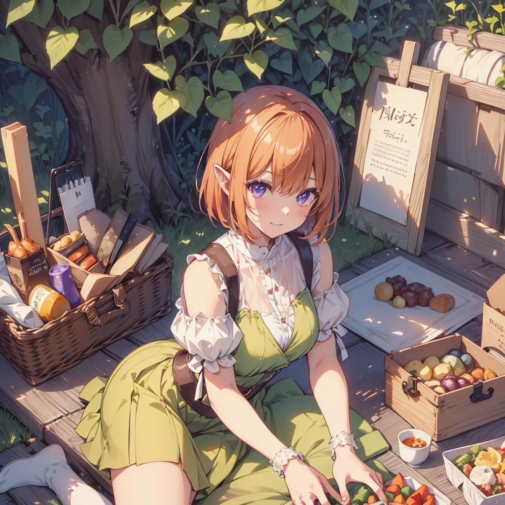 (Recall,food:1.3),(picnic:1.3),basket, Elf Ears, Park with a view, Highest quality, grassland park, blue sky, hiking, Best image quality,Perfect Anatomy,masterpiece,Ultra-detailed,beautiful,super high quality, Highest quality,High resolution, Very detailed,Game CG,Dutch Angle ,beautiful細部までこだわった目,Visual Arts,Five Fingers, Perfect hands,Hide your hands, {{{One Girl}}}, beautiful詳細な女の子, Game CG, Spring flower, One curl on the outside, Short Bob Hair, Pastel orange hair, Purple eyes,Stylish accessories solo, breast enhancement, Medium Shoot, woman, Take-out, Laughter, huge ,,Pastel green checkered mini skirt,Black knee-highs, {{{{{Wearing a pastel green camisole}}}}},Open your mouth, wonderful, beautiful細部までこだわった目, Highest quality, Very delicate,Masseter muscle area,Highest quality,(Official Art、Highest quality、Unity 8k wallpaper、32K、masterpiece、Ultra-detailed、超High resolution、Realistic、Photorealistic:1.2)、(Cinema Lighting:1.2)、Fire Glow Effect、The most grainy shadows on the film、Side light、Side Shot、(Ultra-detailedで複雑な3Dレンダリング)、Atelier Series, Multiple Girls．