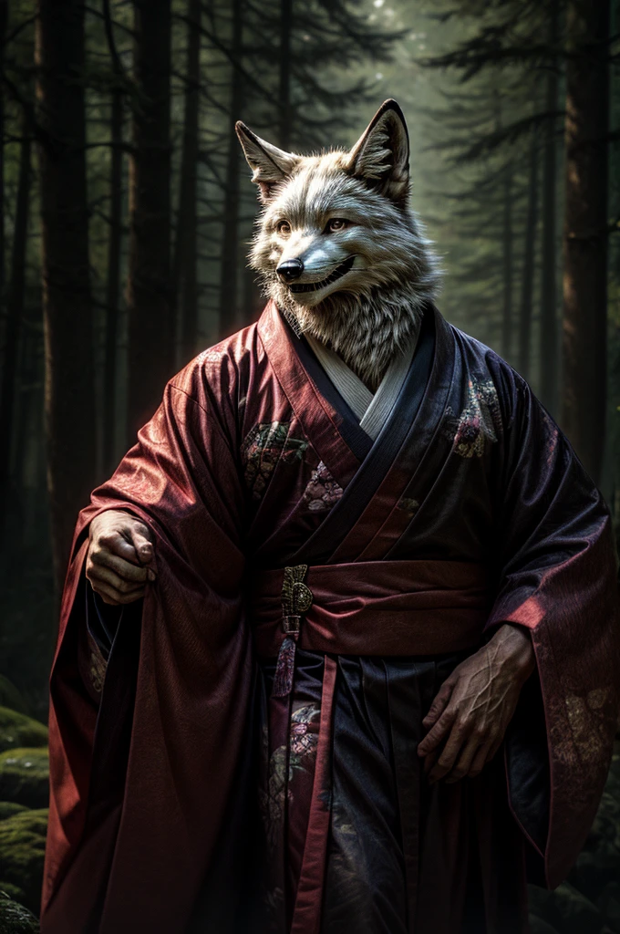 white fox, red tattoo, male, all body, realistic, kimono, elderly, smile, japanese forest, dark forest, spooky atmosphere, 