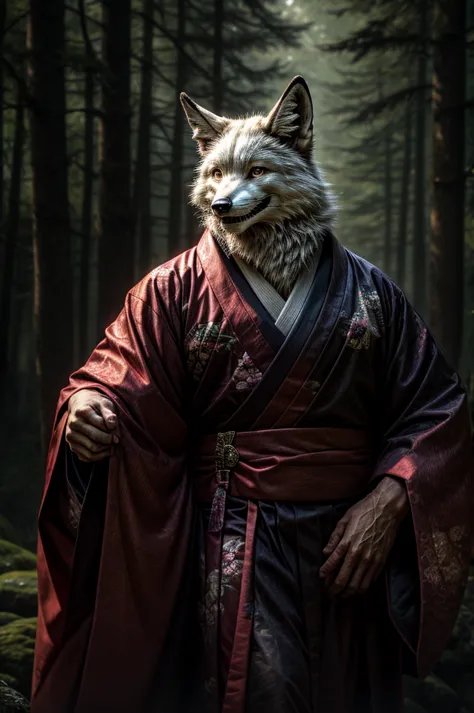 white fox, red tattoo, male, all body, realistic, kimono, elderly, smile, japanese forest, dark forest, spooky atmosphere,