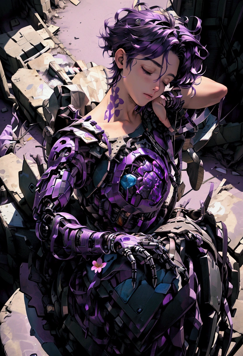 ((Artwork, high quality)), (a robotic hand emerging from a pile of trash and scrap), (delicately holding a flower), (attached to the arm of a teenage boy), (the rest of his body buried beneath the junk), (purple hair), (eyes closed, giving the impression of lifelessness), (environment completely filled with junk). (Male -Boy)






