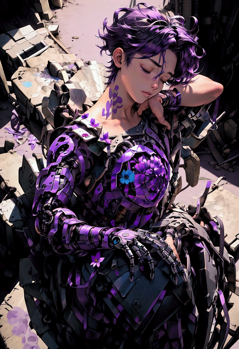 ((Artwork, high quality)), (a robotic hand emerging from a pile of trash and scrap), (delicately holding a flower), (attached to the arm of a teenage boy), (the rest of his body buried beneath the junk), (purple hair), (eyes closed, giving the impression of lifelessness), (environment completely filled with junk). (Male -Boy)






