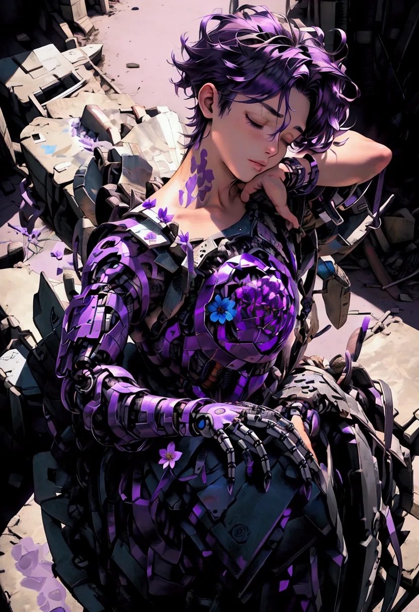 ((artwork, high quality)), (a robotic hand emerging from a pile of trash and scrap), (delicately holding a flower), (attached to...