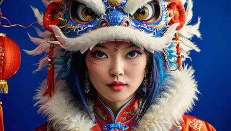 photograph, phase one xf iq4 150mp, contemporary female lycanthrope, wearing traditional chinese garb and a dragon mask with fur...