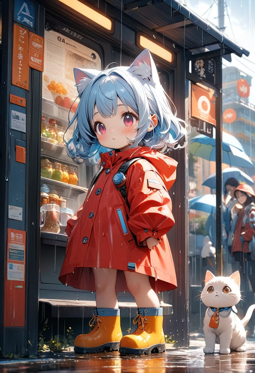 Little girl wearing red raincoat and rain boots.和一隻巨大橘Cat 1:10.The bus stop on the seaside is in the background.(((masterpiece))), (((best quality))), ((Super detailed)), (Highly detailed CG illustrations), ((extremely delicate and beautiful)), Cinematic light, (Character focus), Ridiculous, high contrast little girl:Cat 1:10, Extremely detailed, rich and colorful, most detailed, Science fiction, (light blue hair), Add details,